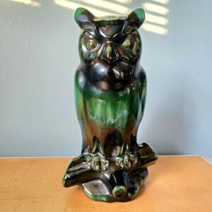Vintage Blue Mountain Pottery Owl Statue green drip glaze bird wise cottage